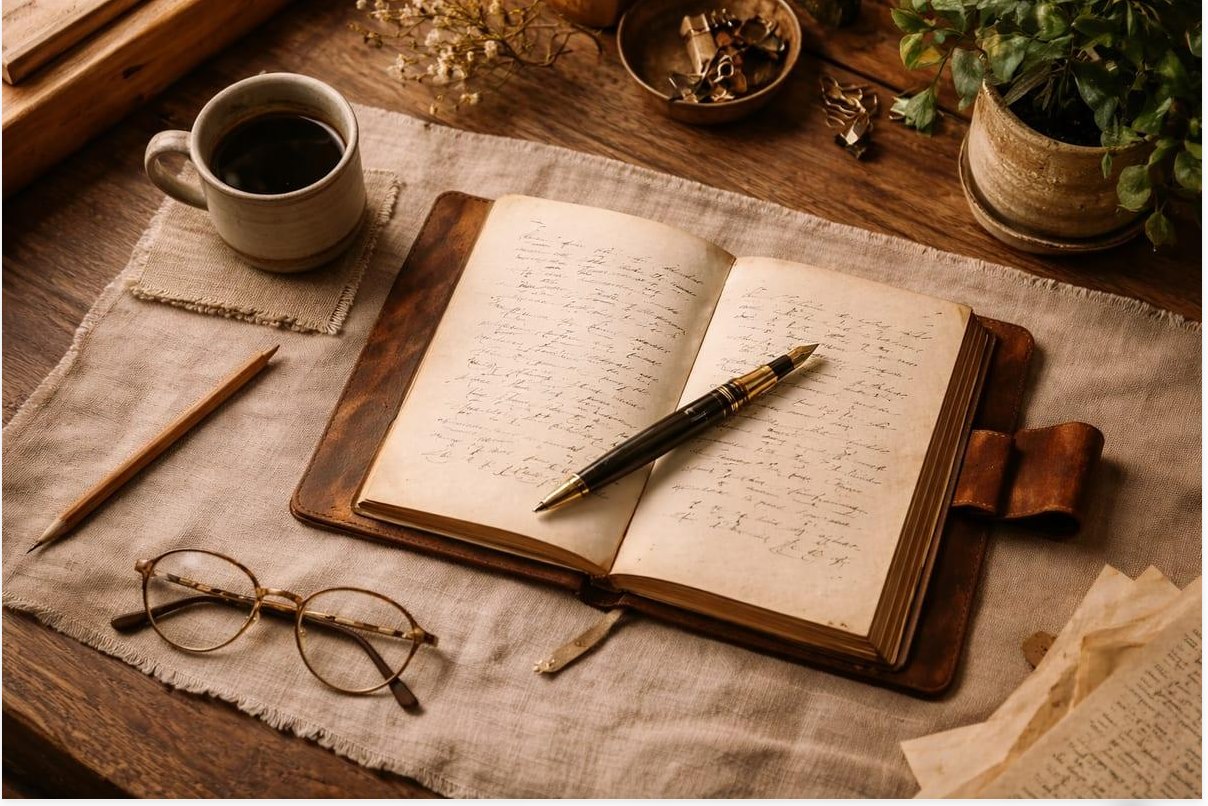An open handwritten journal with a fountain pen, reading glasses, and a warm cup of coffee on a wooden table
