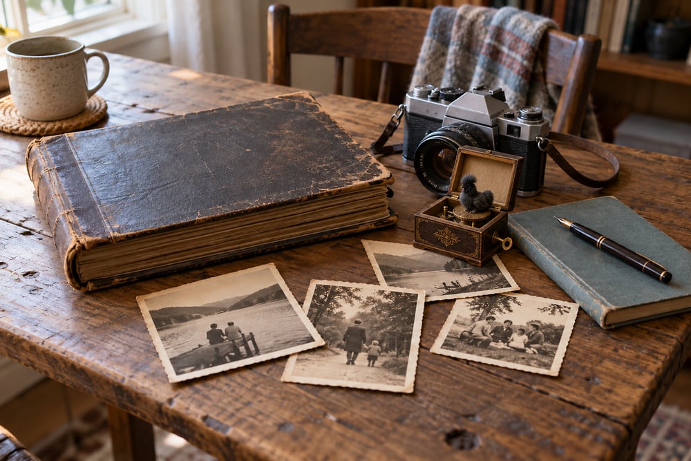 An old photo album, photographs, a vintage camera, a notebook, fountain pen, and a small open music box on a wooden table