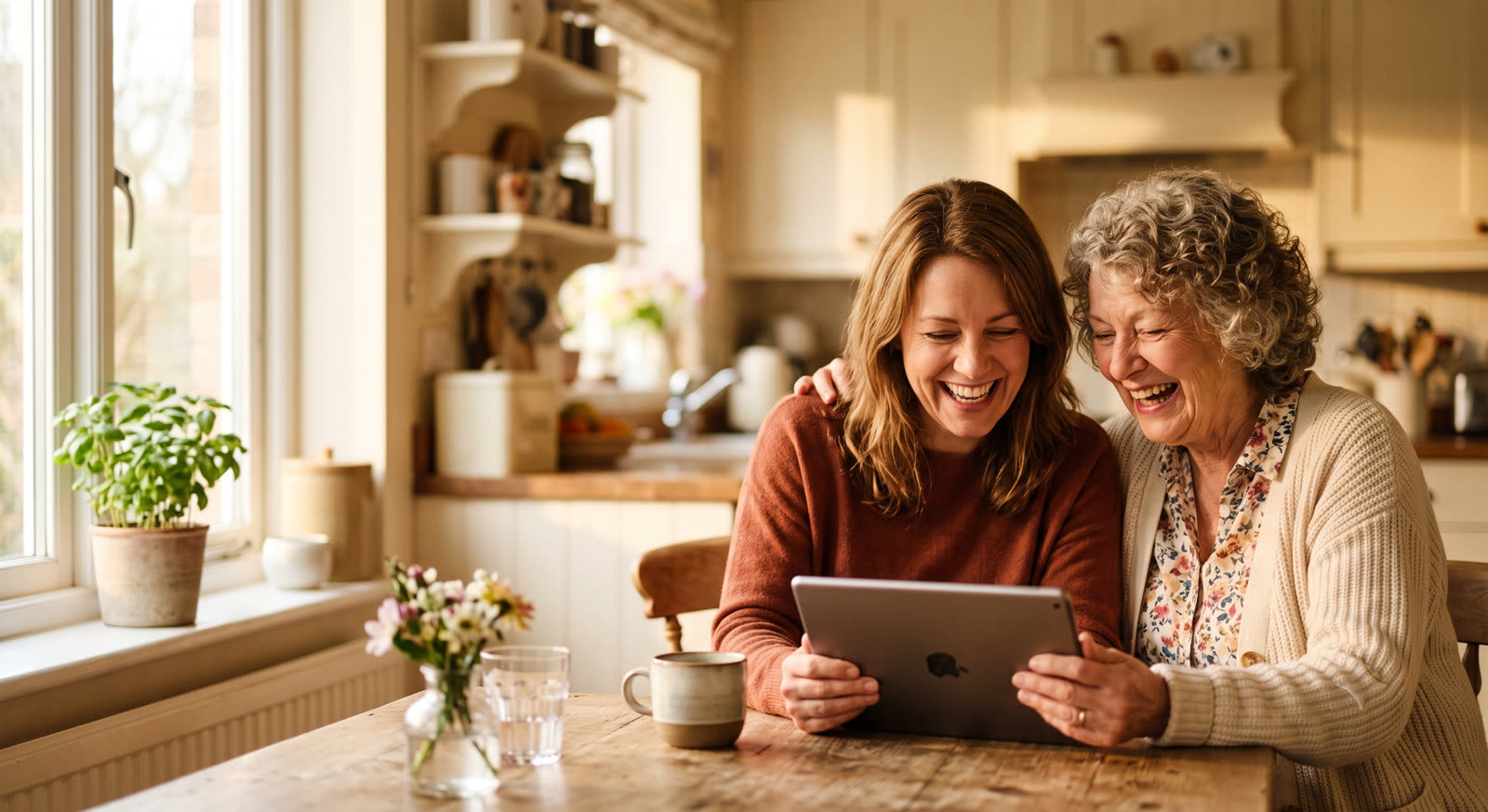 A senior woman and her daughter smiling together over a tablet in a sunny kitchen