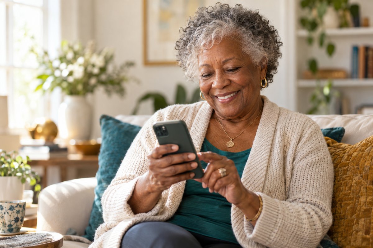 Older woman smiling while looking at her phone