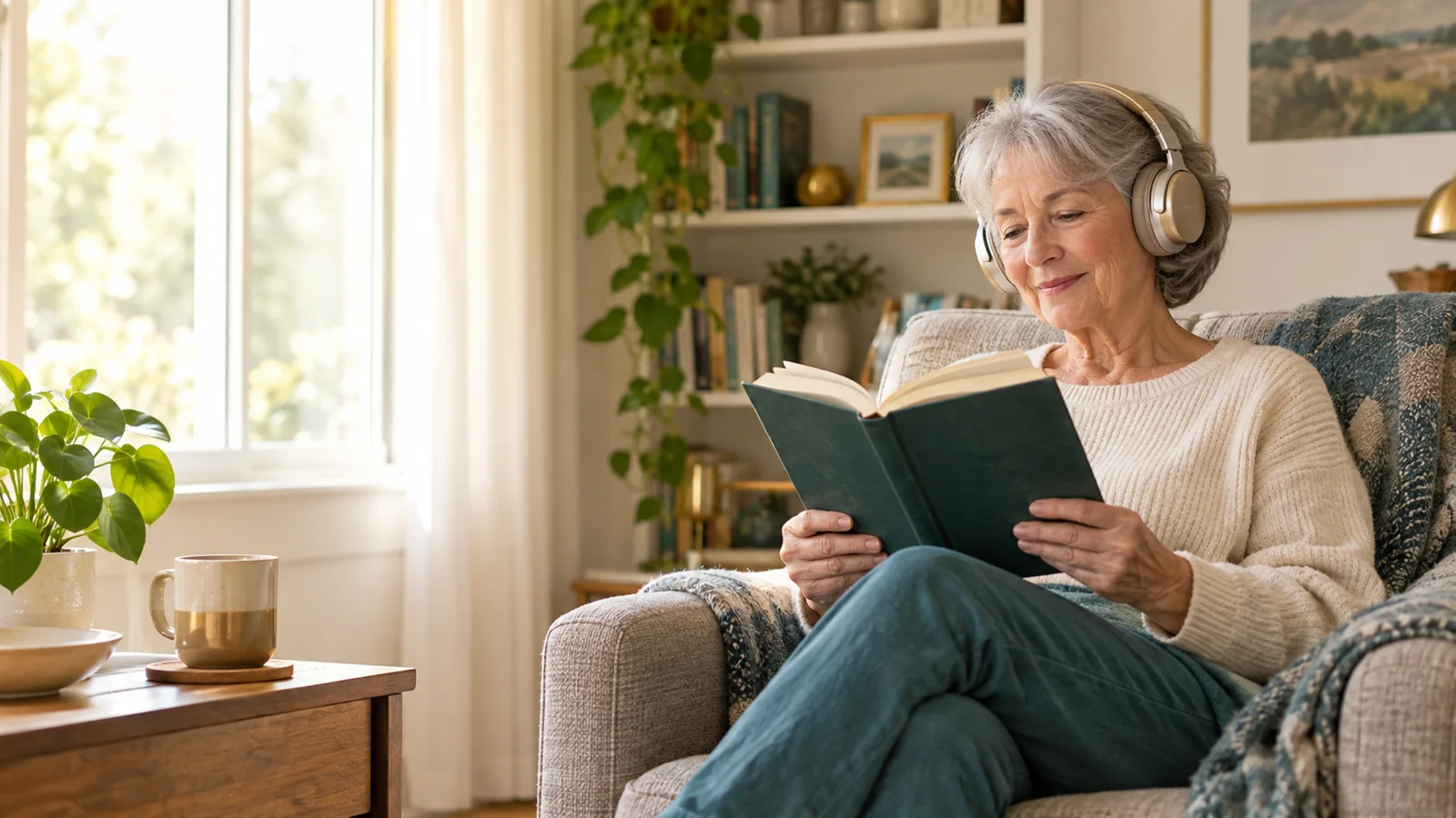 Older adult wearing headphones and reading a book at home