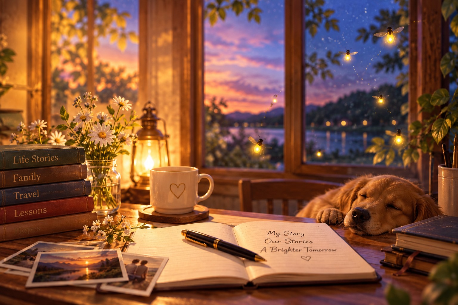 A warm writing desk at dusk with an open journal, fountain pen, flowers, glowing fireflies, and a sleeping golden dog