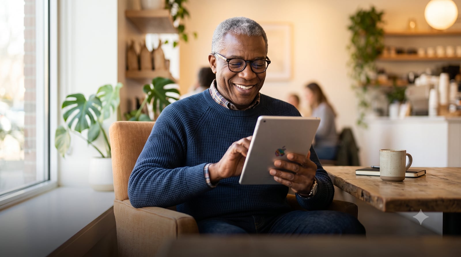 A smiling senior enjoying GoldieCircle on a tablet at a sunny cafe