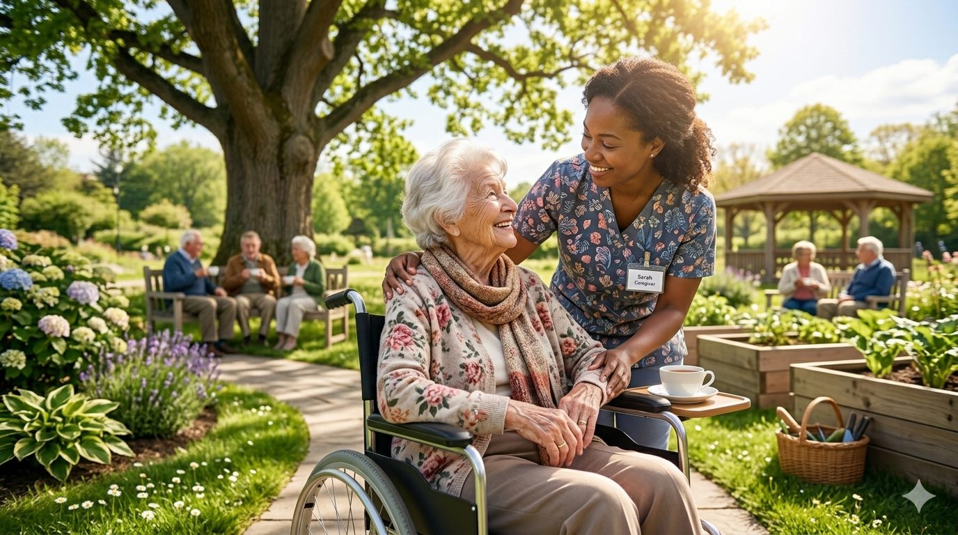A caregiver with a senior in a garden