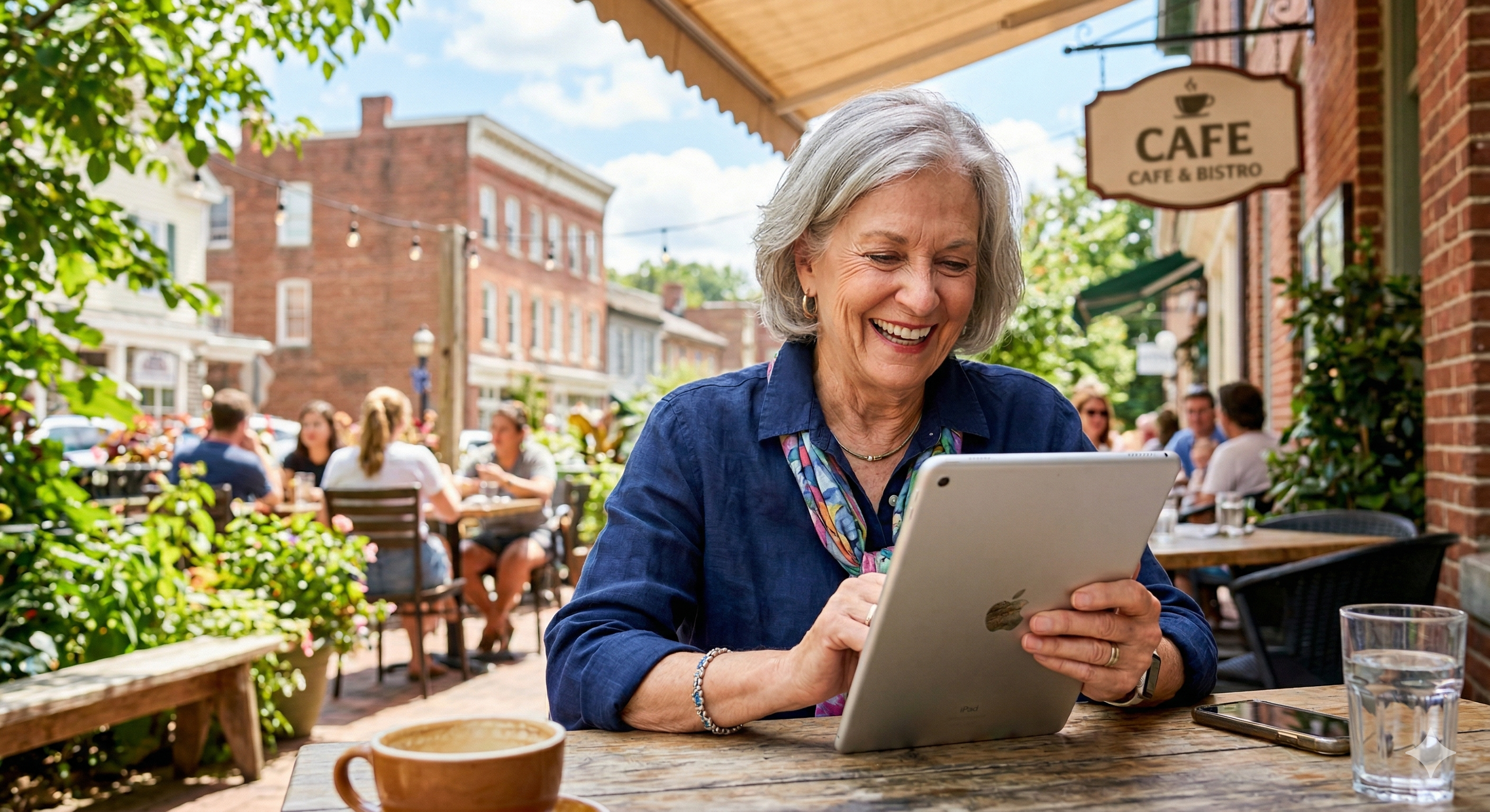 Senior woman enjoying her independence on a tablet at a café