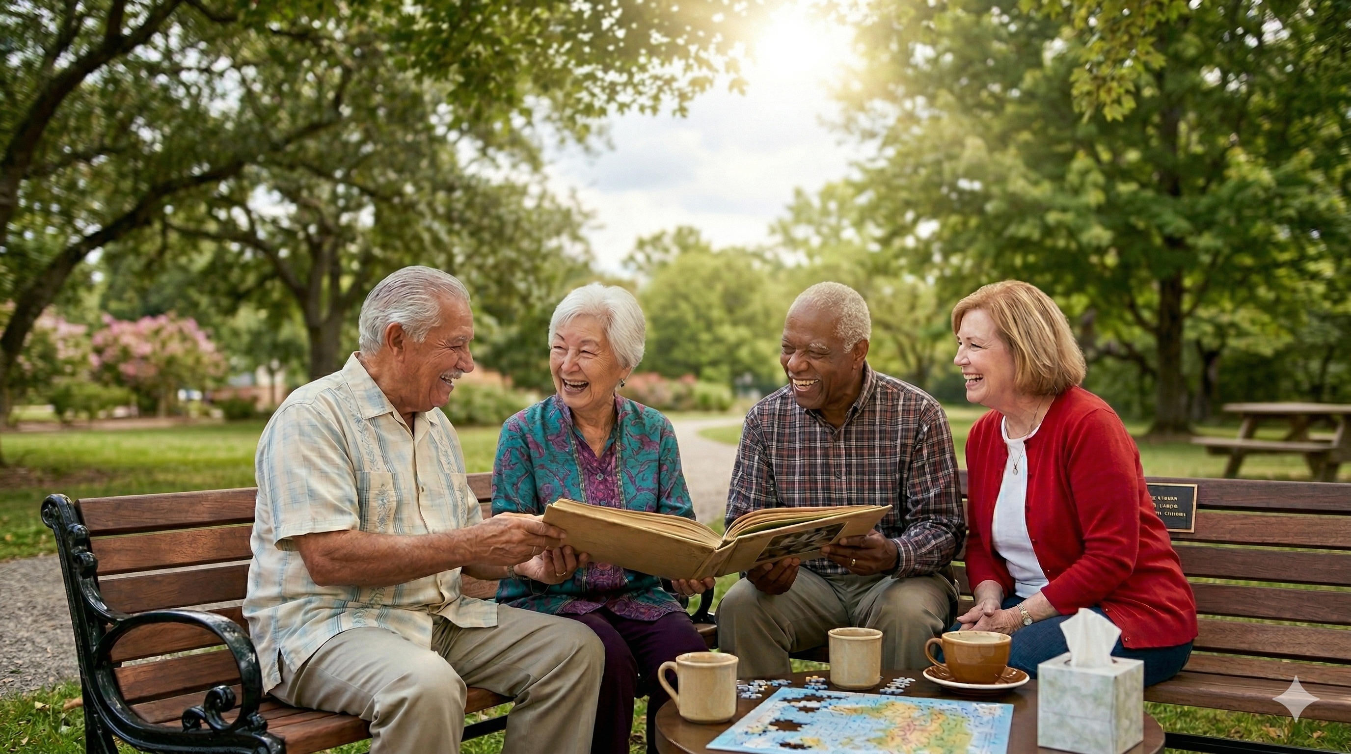 Diverse group of seniors laughing together outdoors