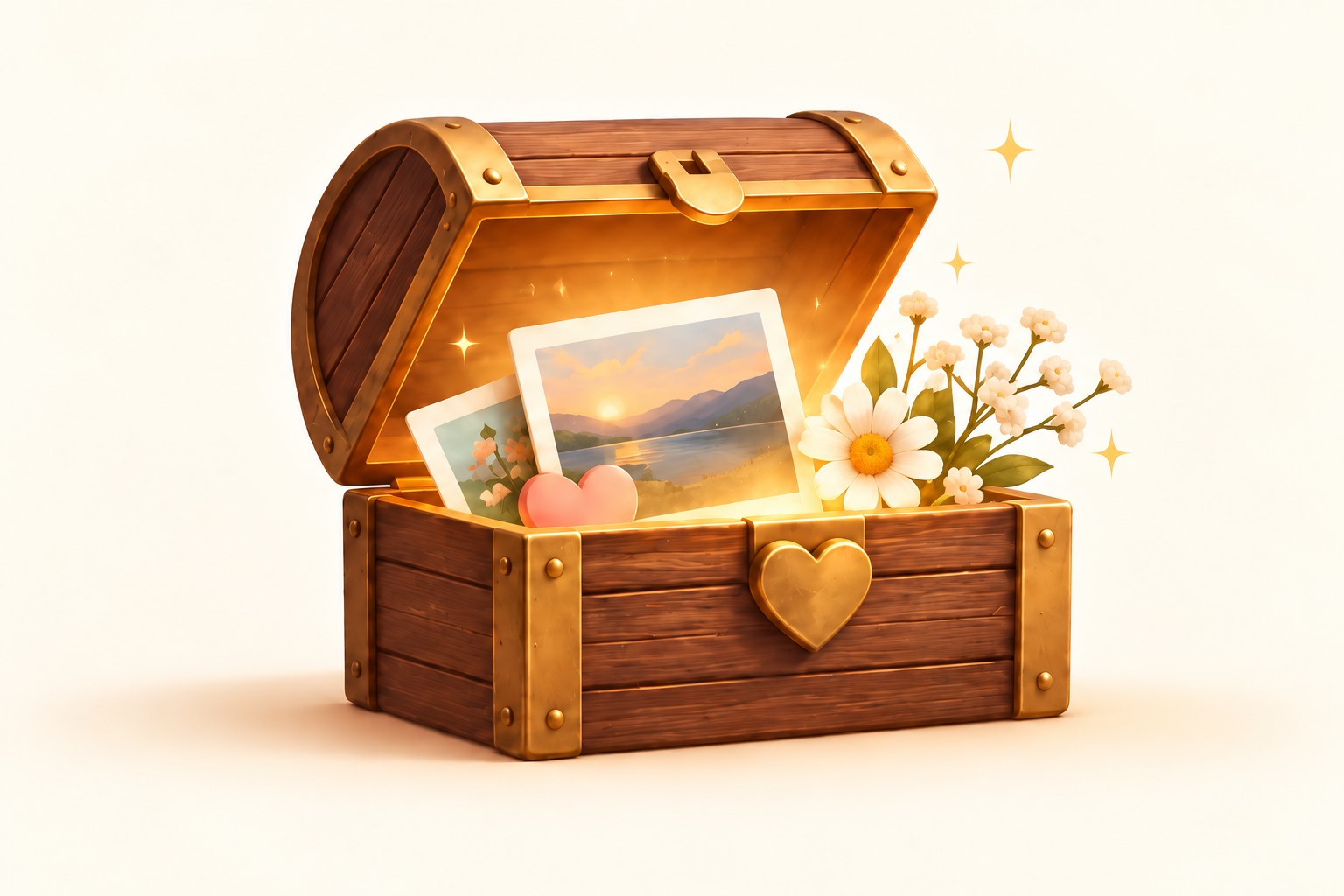 An open wooden treasure chest glowing beside photographs and white flowers
