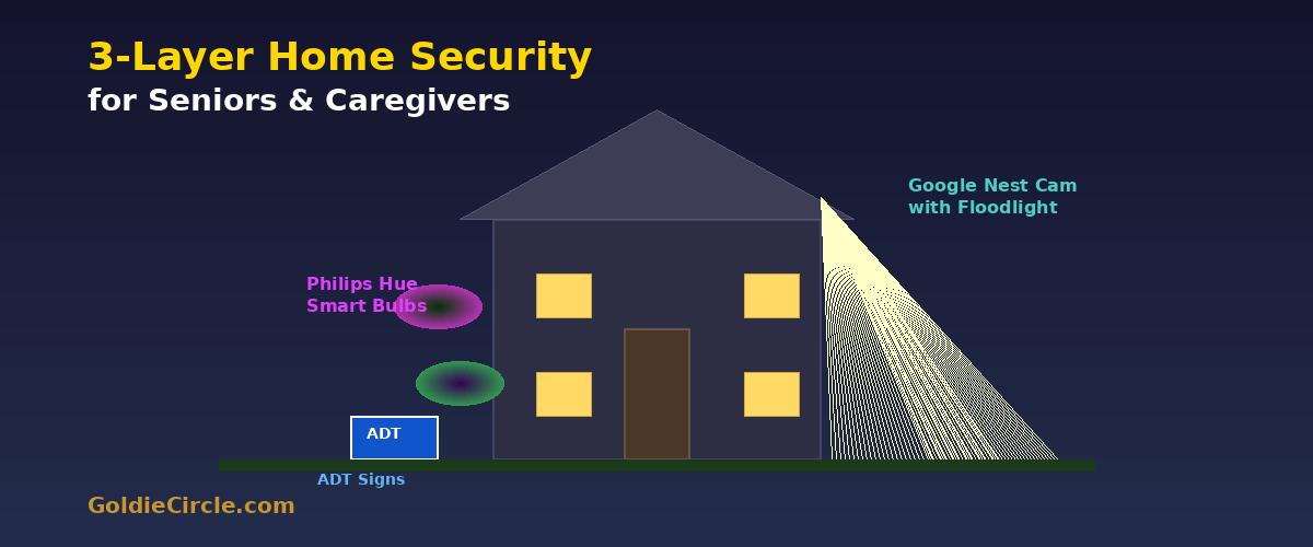3-Layer Home Security System for Seniors to install Google Nest Camera with Floodlight, Philips Hue Smart Lightbulbs, and Security system signs.