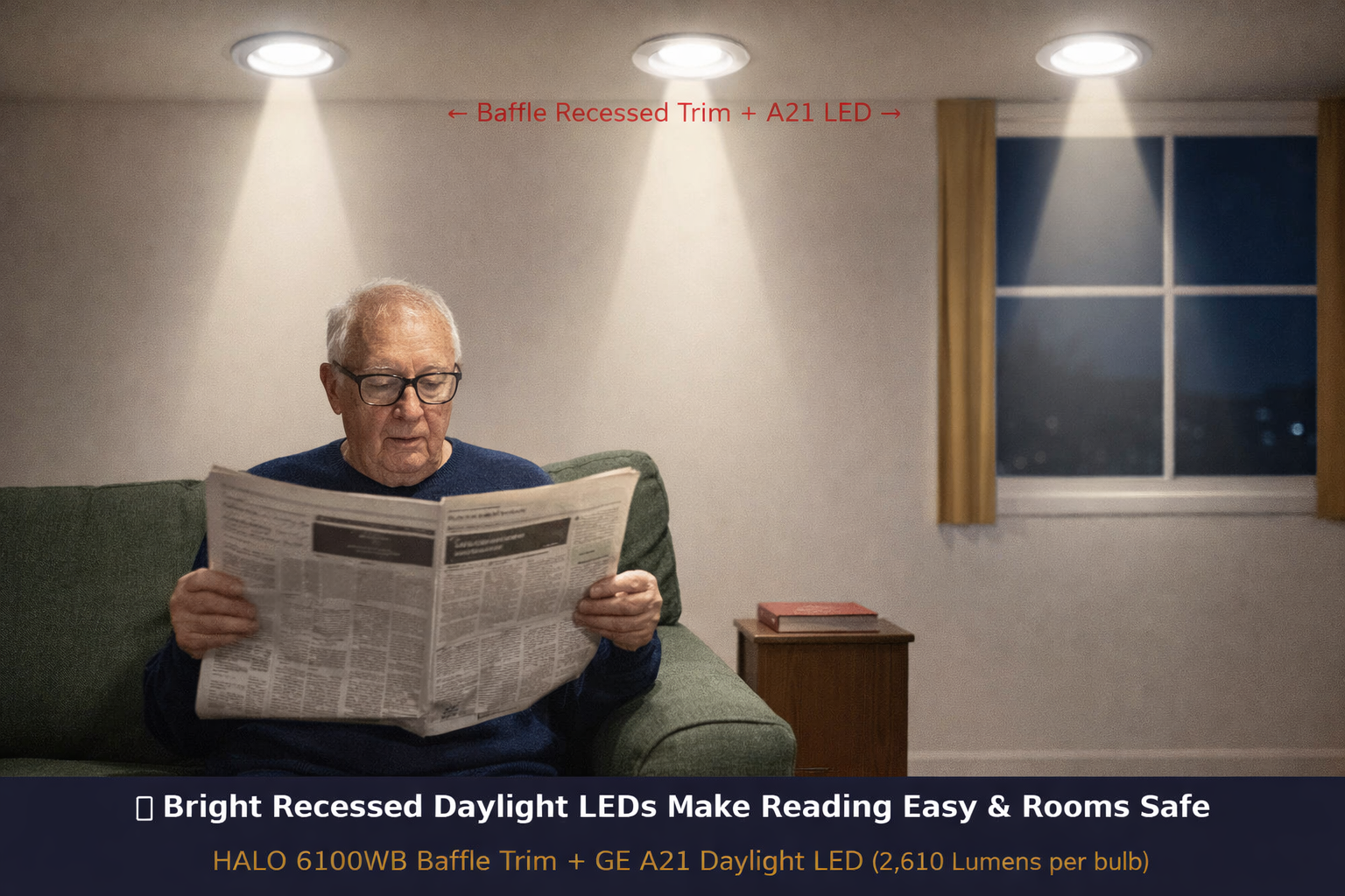 A senior reads the newspaper in a well-lit living room with HALO baffle recessed trims and GE A21 Daylight LEDs (2,610 lumens each).