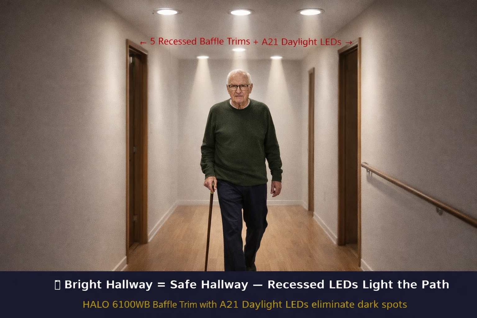 A senior walks safely with a cane through a brightly lit hallway. Recessed baffle trims with A21 Daylight LEDs eliminate every dark spot.