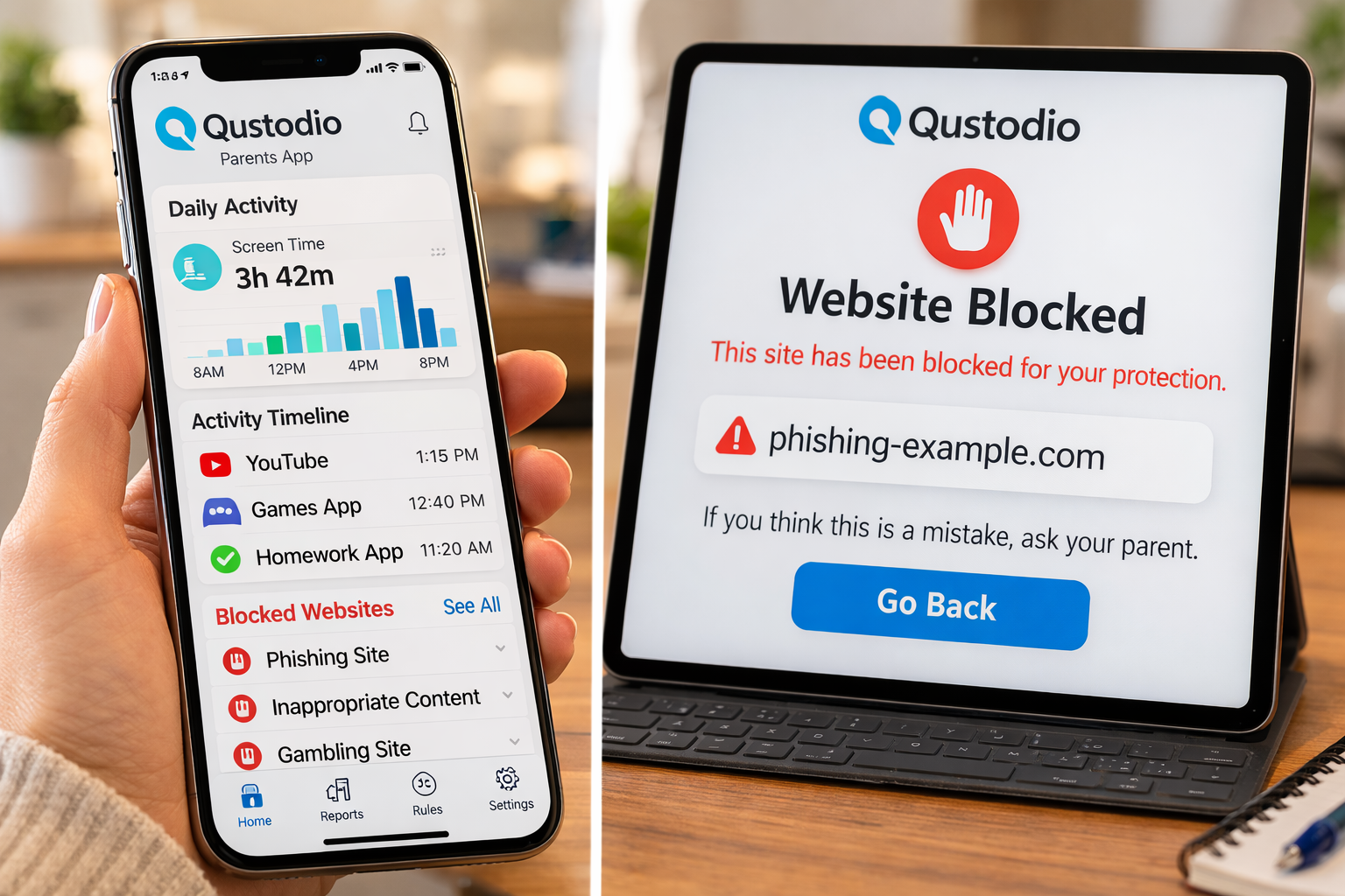 Left: Qustodio Parents App on iPhone displaying a daily activity report and list of blocked websites. Right: iPad screen showing a Qustodio blocked-website warning, preventing access to a phishing page.