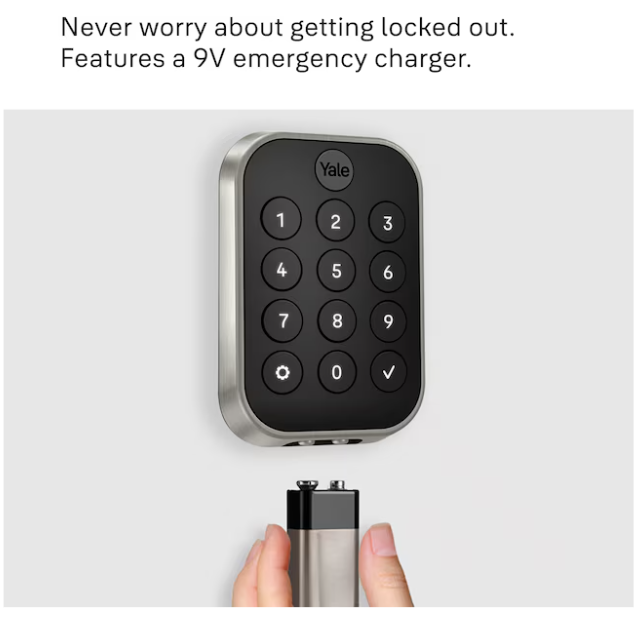 Image is showing 9V battery can snap into the bottom of Yale device as back-up to open the door.