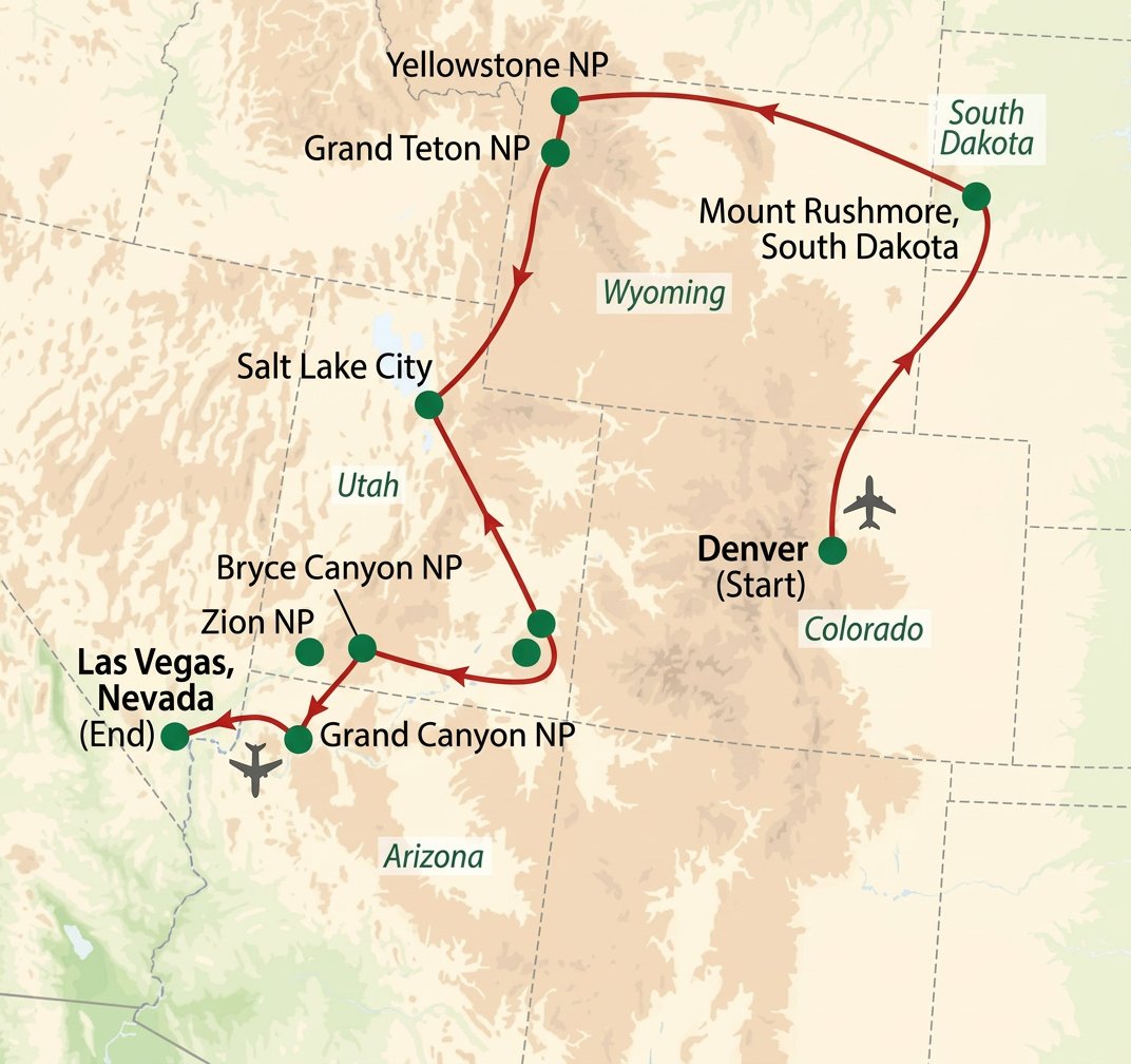 A road trip route map showing the path from Denver, Colorado through Mount Rushmore, Yellowstone, Grand Teton, Salt Lake City, Bryce Canyon, Zion, Grand Canyon, and ending in Las Vegas, Nevada