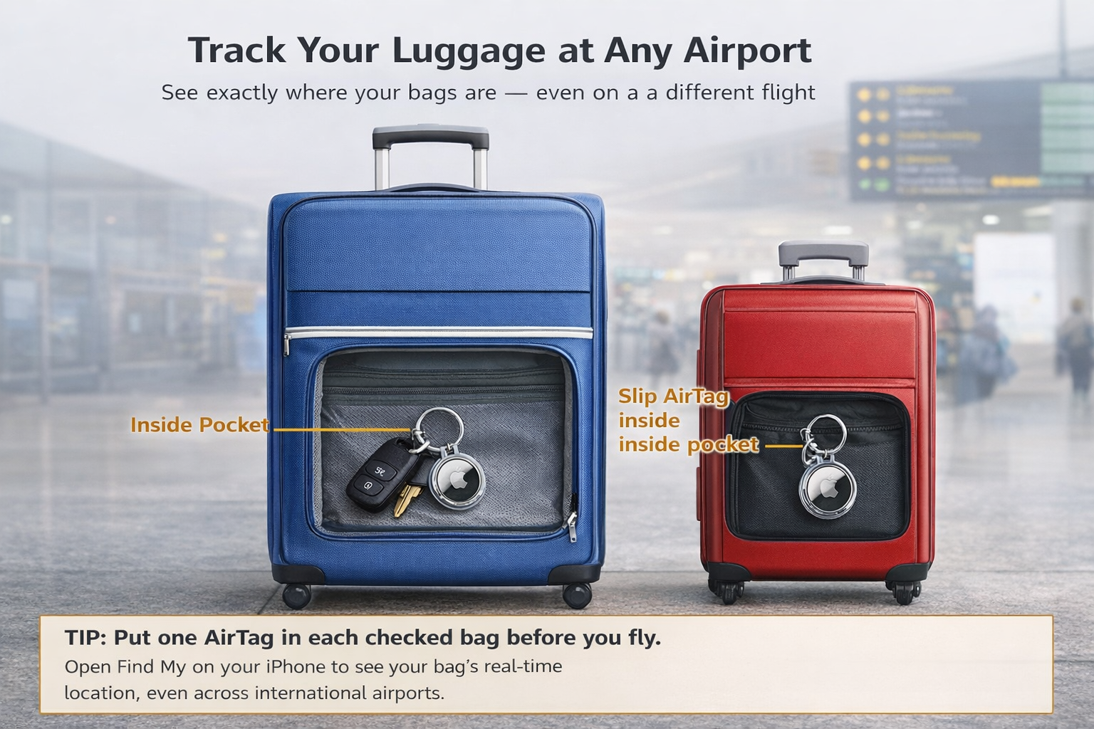 Find My app on iPhone showing pinpoint location of a tracked bag on an airport map