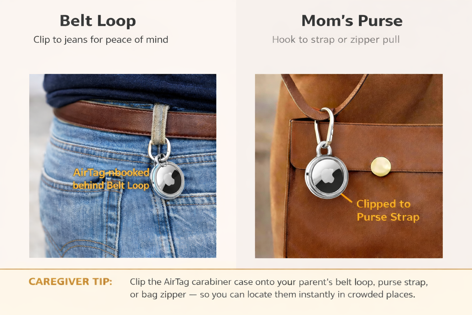 On the left side, a picture of AirTag hooked up to the Belt Loop.

On the right side, a picture of AirTag hooked up to the Purse Strap.