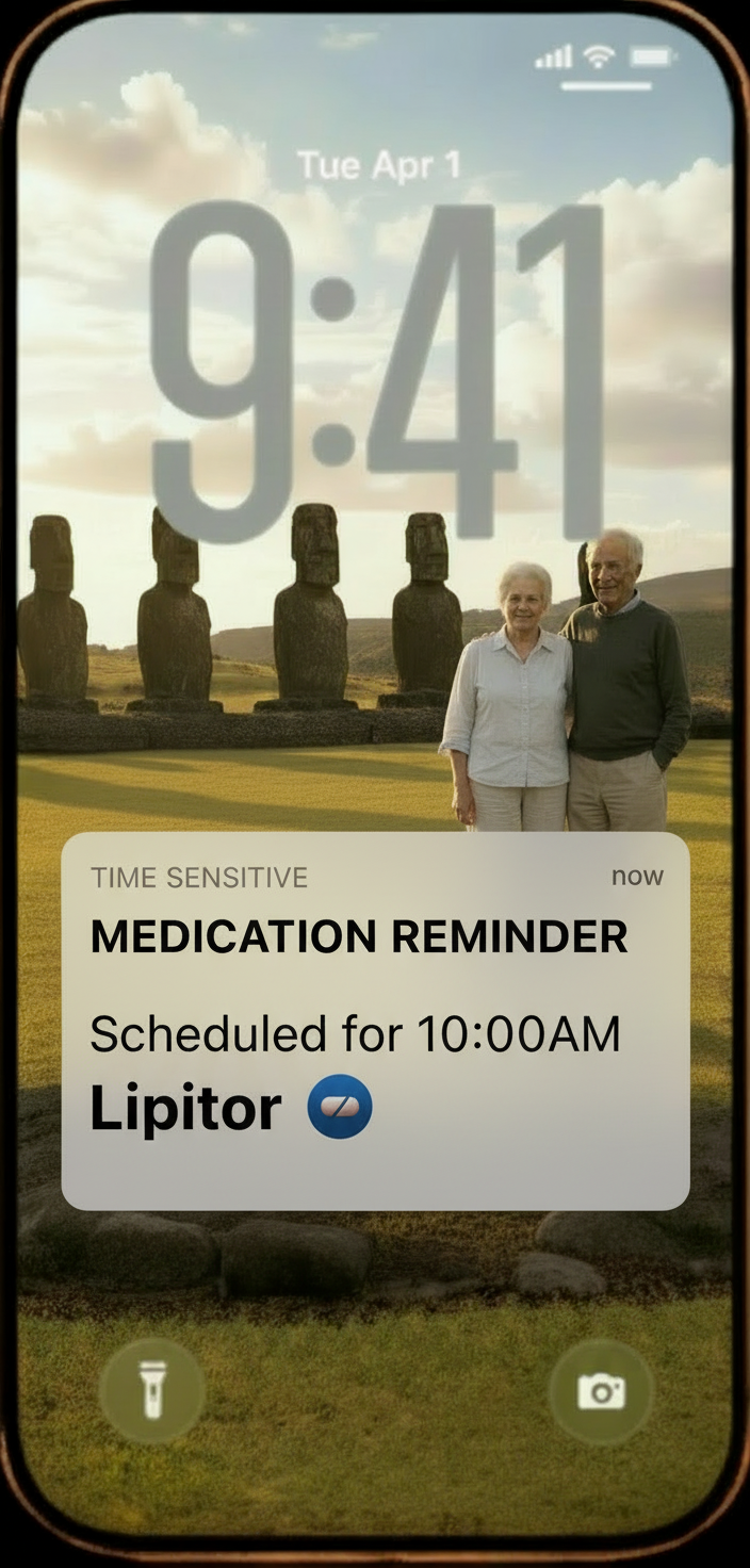 An iPhone 17 Pro Max displaying a Lipitor medication reminder at 10:00 AM with extra-large text, showing how seniors can use the phone for health management.