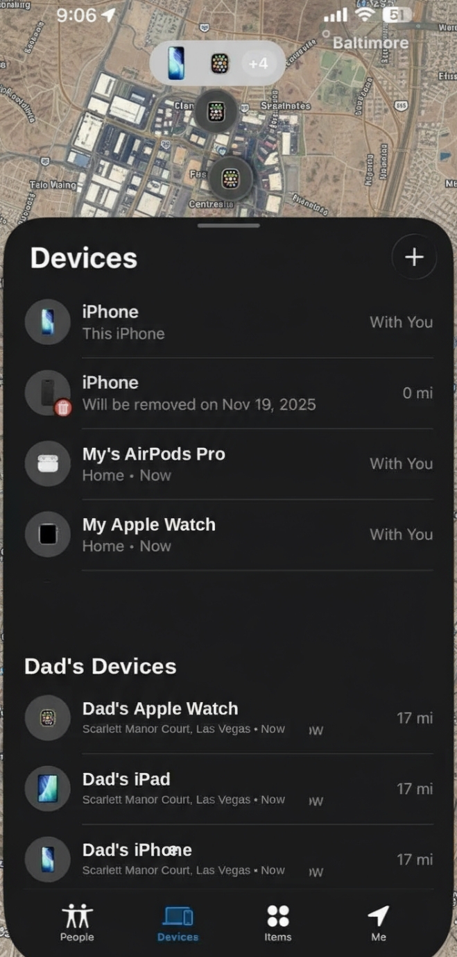 The Apple Find My app displaying a list of devices with a map of Las Vegas in the background, demonstrating real-time location tracking for family members.