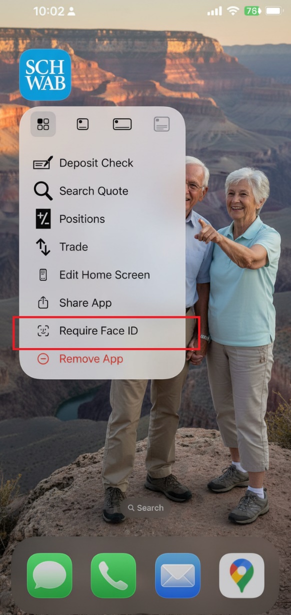 An iPhone showing the Charles Schwab financial app with Require Face ID enabled, demonstrating how seniors can protect sensitive apps from unauthorized access.
