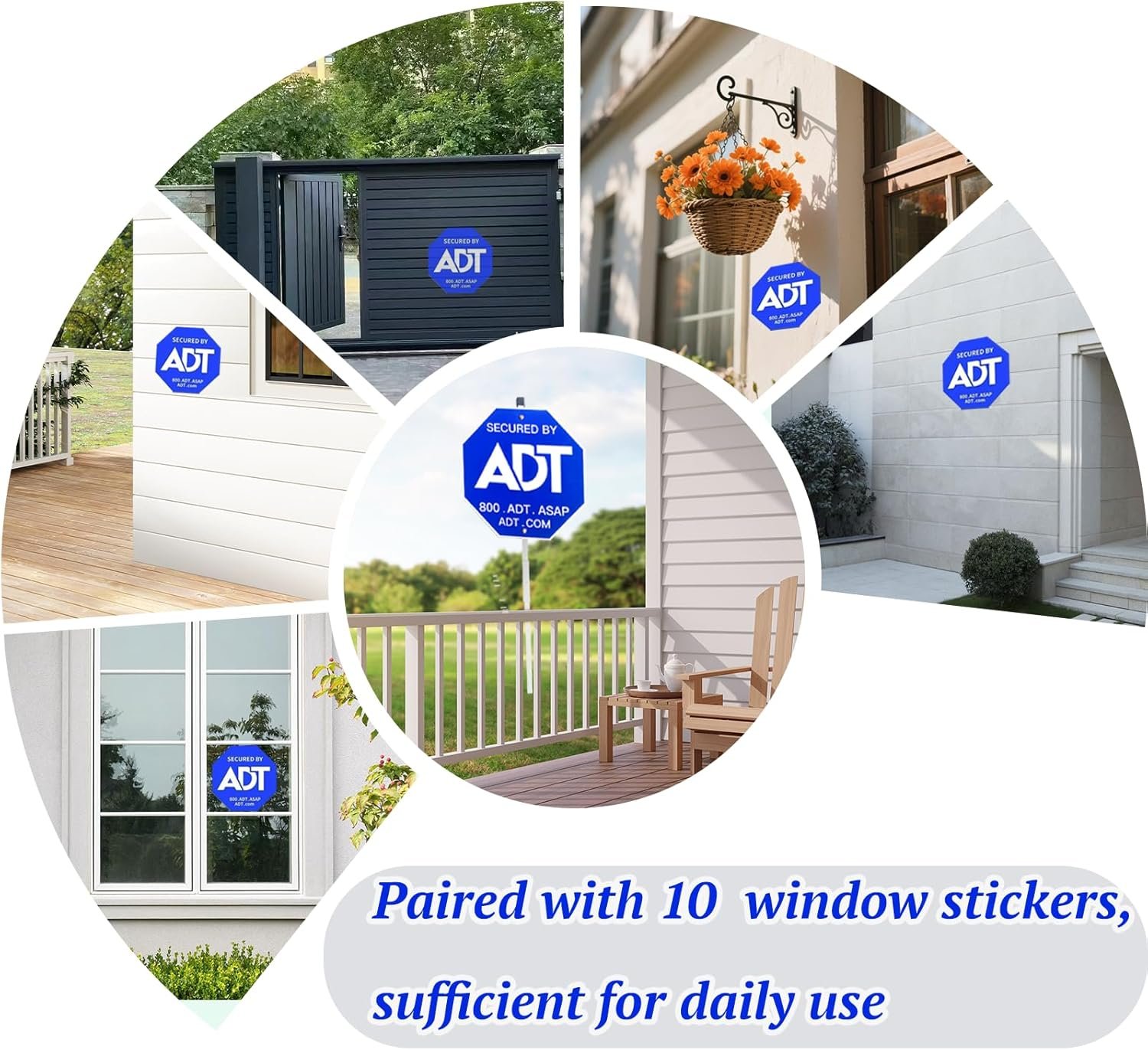 ADT Security Signs placed outside the house at the windows, door and yard.