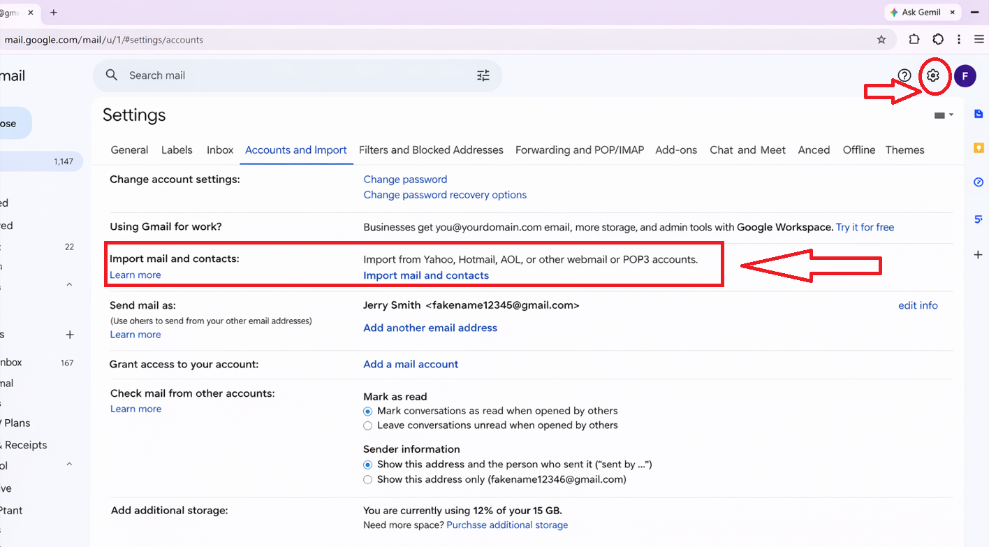 Gmail Settings page on the “Accounts and Import” tab, using a fake account name. Red annotations highlight the Settings gear icon in the top-right corner and the “Import mail and contacts” section in the middle of the page, with arrows pointing to where to click.