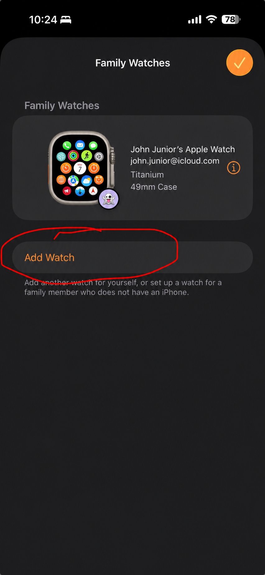 Family Watches screen showing an existing child's Apple Watch Ultra (Titanium 49mm case linked to a child's Apple ID), with the Add Watch button circled in red.