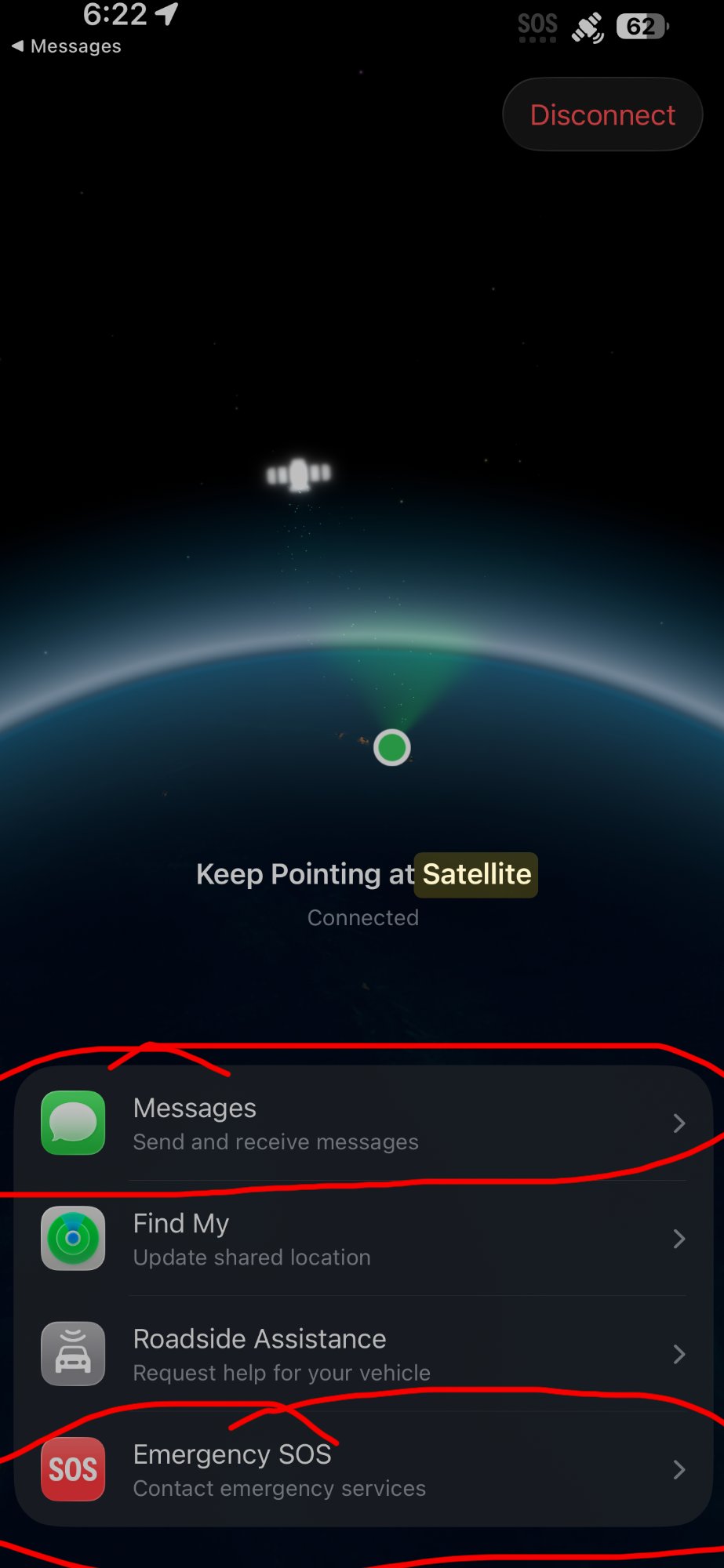 Apple Watch Ultra 3 satellite connection screen showing the device pointing at a satellite with Connected status, and the Messages and Emergency SOS options circled in red, used to text family or call emergency services from off-grid locations.