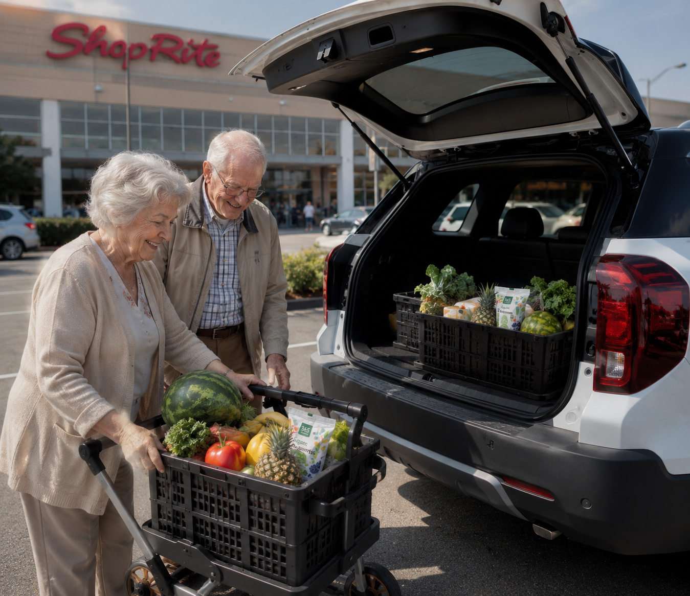 A senior couple loads crates of fresh groceries from a folding cart into the open trunk of a white SUV in a ShopRite parking lot.