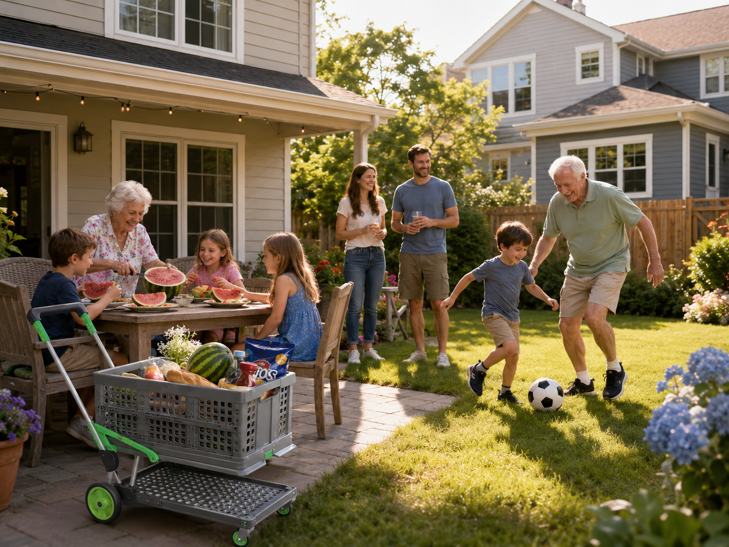 A multigenerational family enjoys a summer backyard gathering. Grandchildren eat watermelon at a table while a grandfather plays soccer with a boy on the lawn, with the loaded folding cart parked nearby.