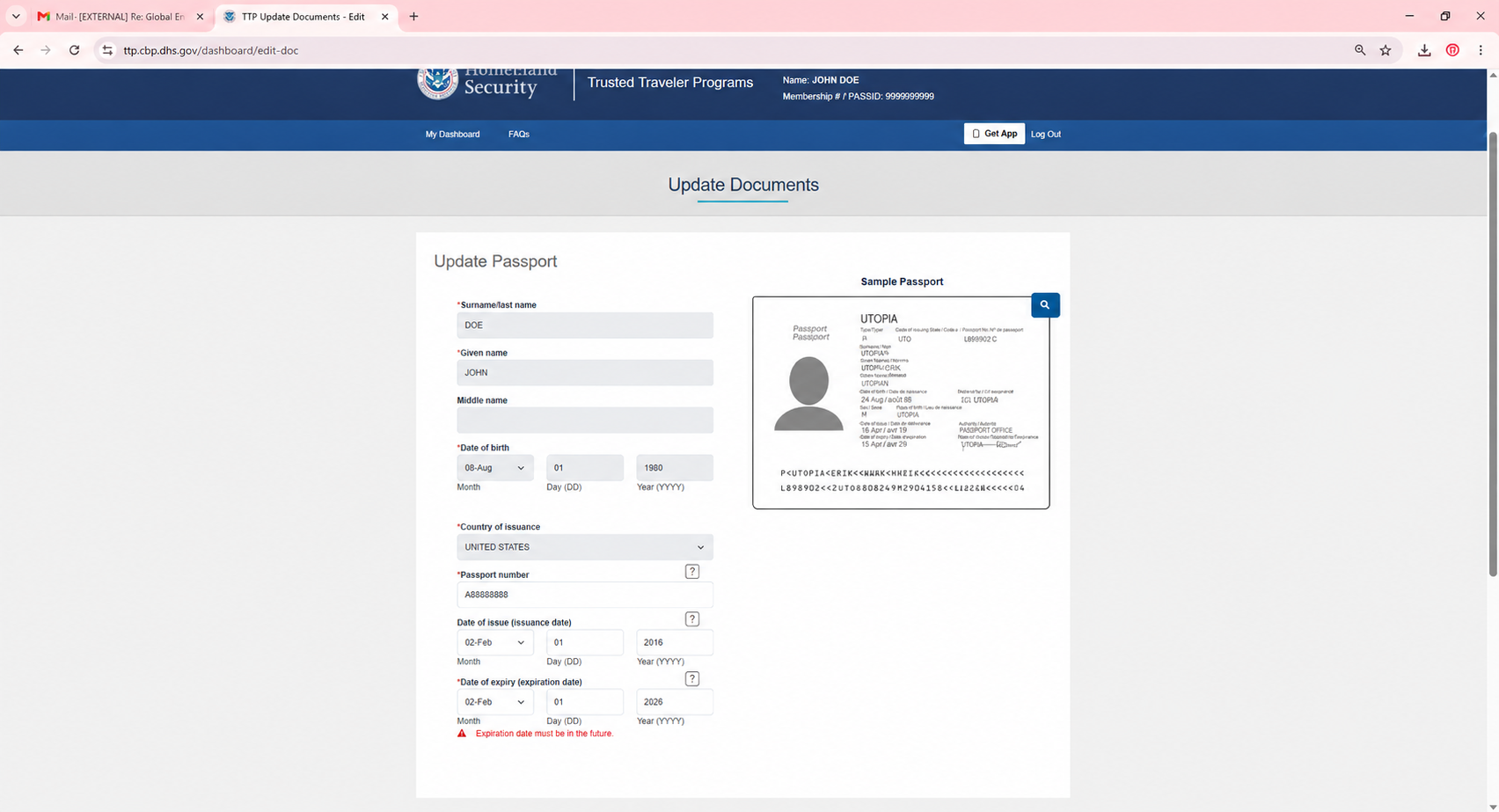 The official Trusted Traveler Programs Update Passport page at ttp.cbp.dhs.gov, showing fields for surname, given name, date of birth, country of issuance, passport number, date of issue, and date of expiry, beside a sample passport image. A red notice reads that the expiration date must be in the future. The values shown are sample data.