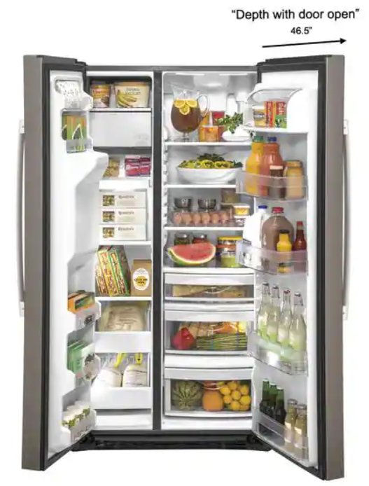 The same GE side-by-side refrigerator shown with both doors open: the freezer compartment is on the left and the fresh-food section on the right is stocked with produce, drinks, and groceries. The depth with the door open is 46.5 inches.