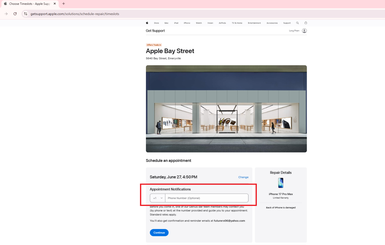 Apple Support appointment page for Apple Bay Street showing a scheduled repair appointment, with the “Appointment Notifications” phone number field highlighted in red.