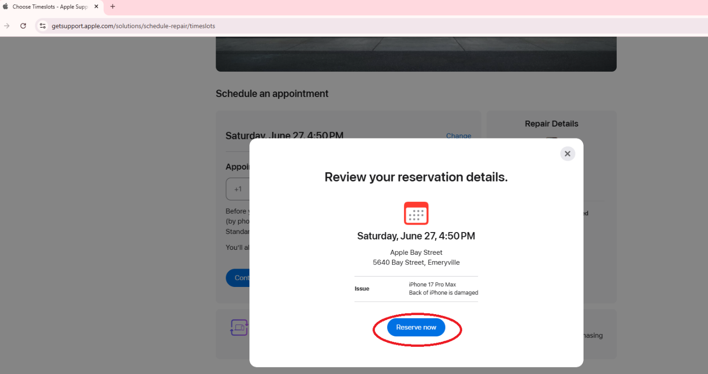 Apple Support reservation review pop-up showing an appointment for Saturday, June 27 at 4:50 PM at Apple Bay Street, with the blue “Reserve now” button circled in red.