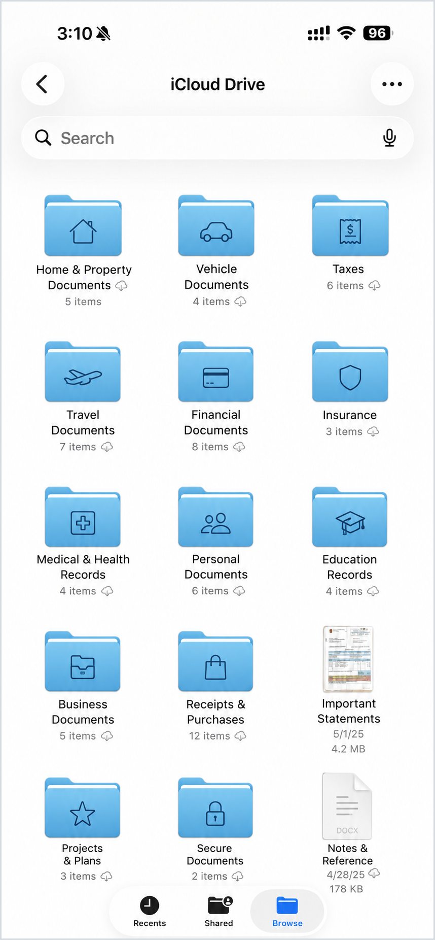 The Files app on an iPhone showing iCloud Drive organized into labeled folders such as Home & Property Documents, Vehicle Documents, Taxes, Travel Documents, Financial Documents, Insurance, and Medical & Health Records.