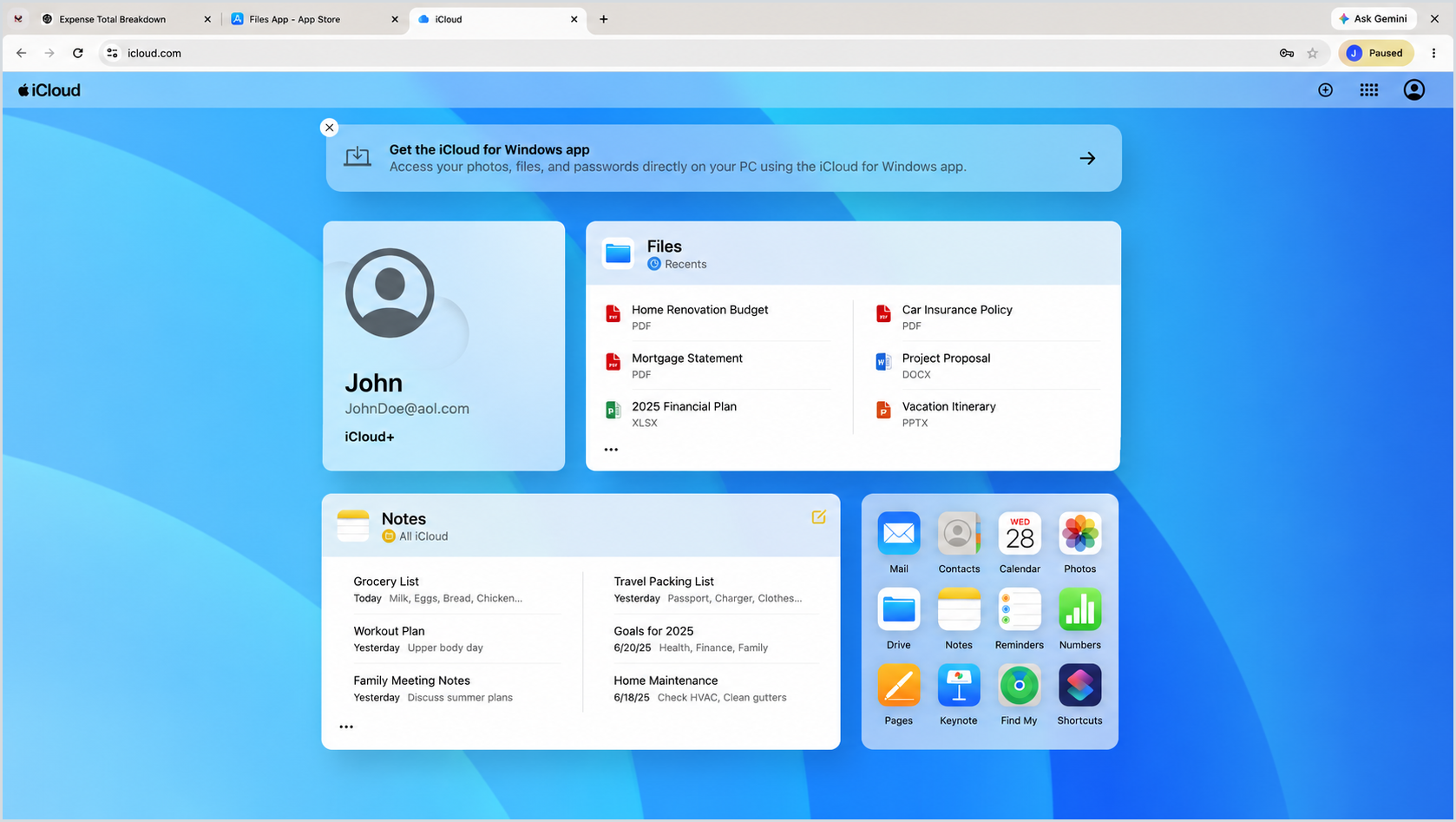 The iCloud.com home page open in a web browser, showing the user signed in, a Files panel listing recent documents, and an app grid that includes the Drive app.