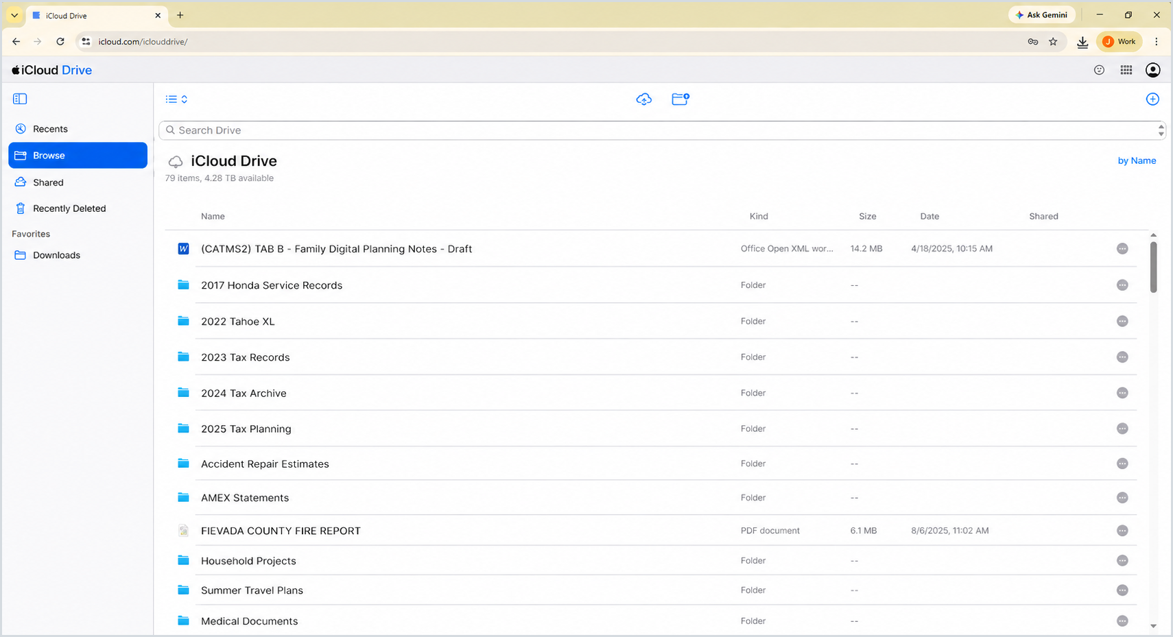 The iCloud Drive 'Browse' view on a computer, listing many folders and documents such as tax records, vehicle service records, household projects, summer travel plans, and medical documents.