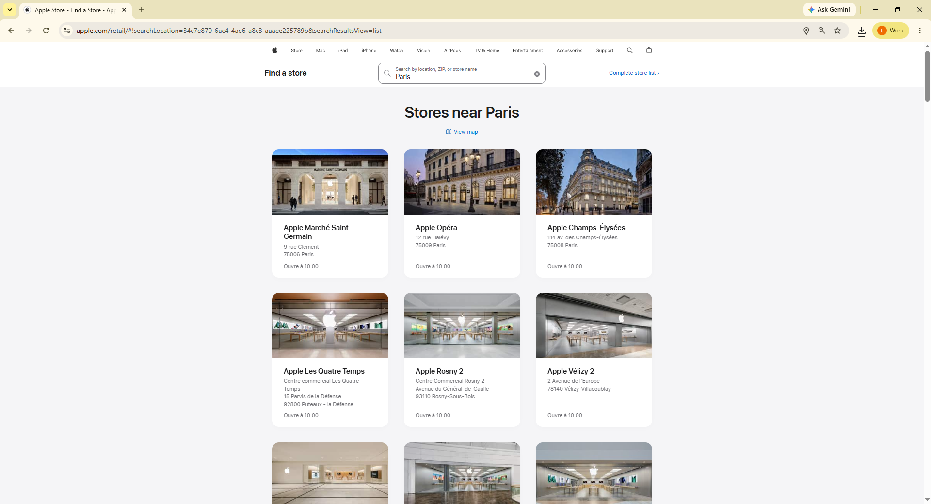 Apple’s Find a Store webpage showing retail locations near Paris, France, including Apple Marché Saint-Germain, Apple Opéra, and Apple Champs-Élysées, each listed with its street address and 10:00 opening time.