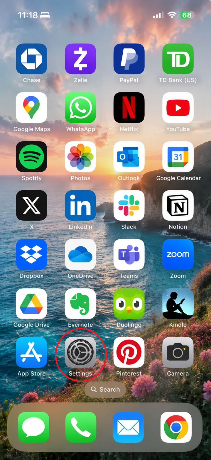 iPhone Home Screen with the gray Settings app icon circled in red.