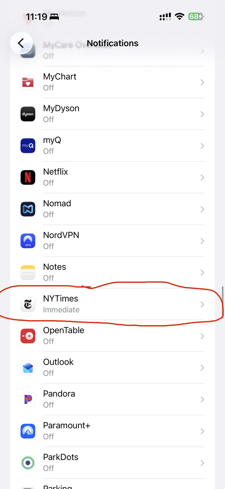 iPhone Notifications settings list with the NYTimes app circled in red, showing its alerts set to Immediate.