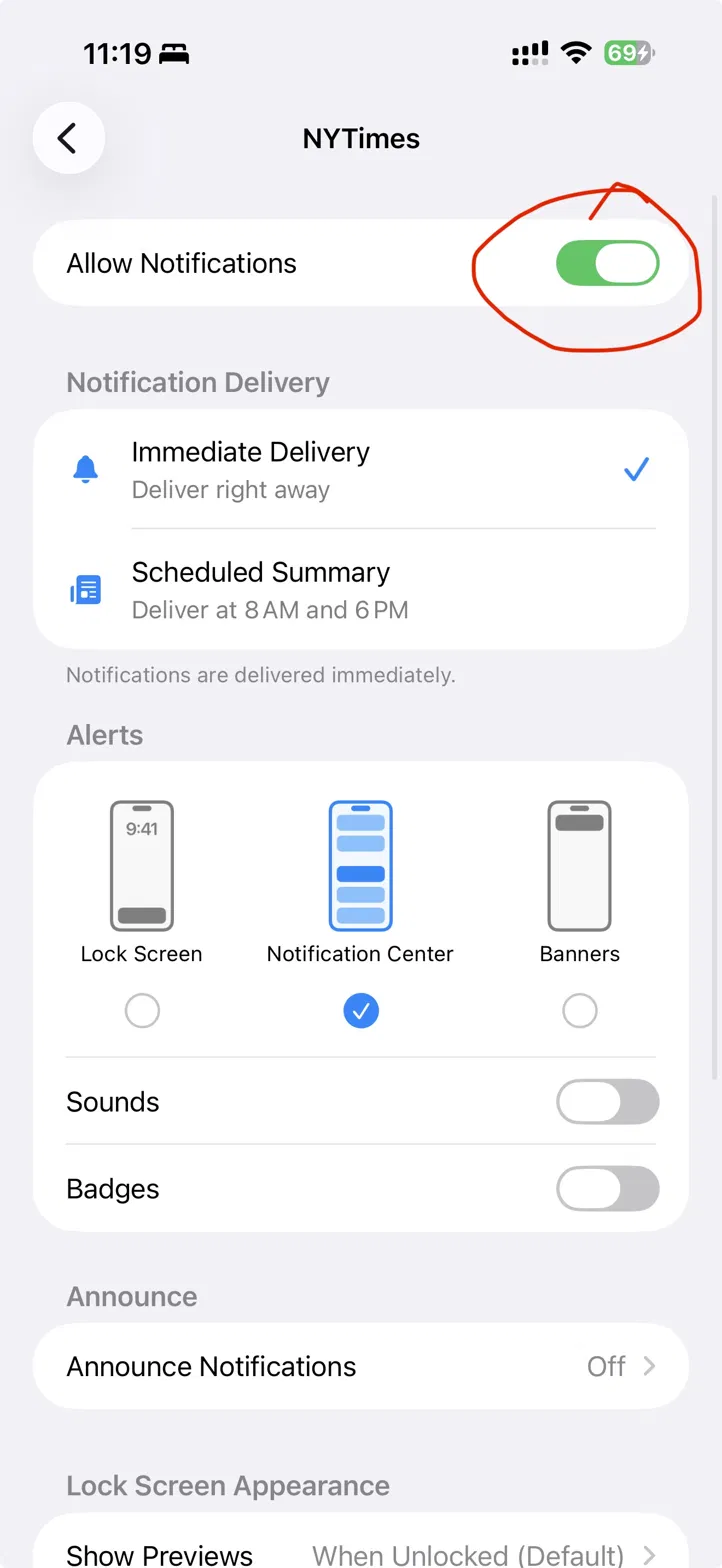iPhone NYTimes notification settings screen with the green Allow Notifications switch circled in red at the top.