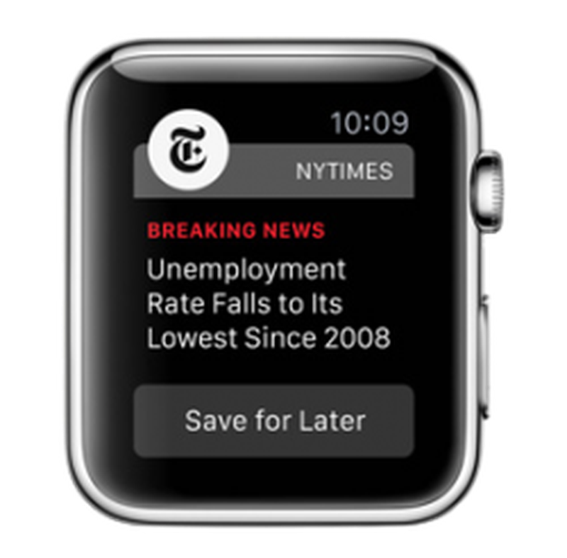 Apple Watch screen displaying a New York Times Breaking News notification with a Save for Later button.
