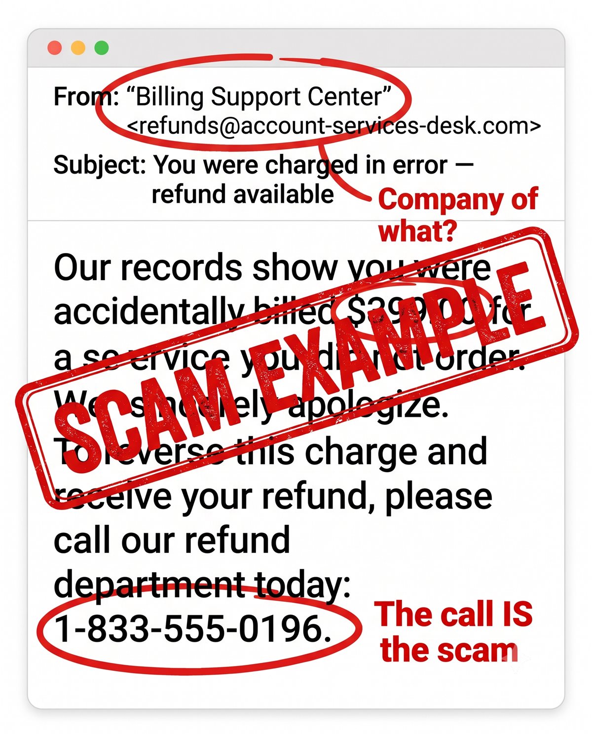 Marked-up example of a fake overcharge refund email with the scam warning signs circled in red