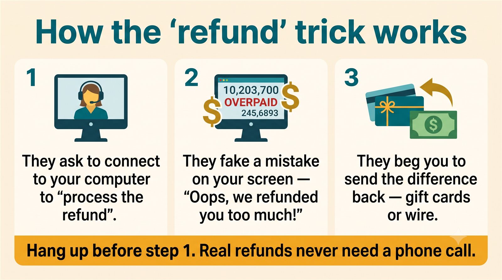 Diagram of the three-step refund trick: they connect to your computer, fake an overpayment on your screen, then beg you to send the difference back