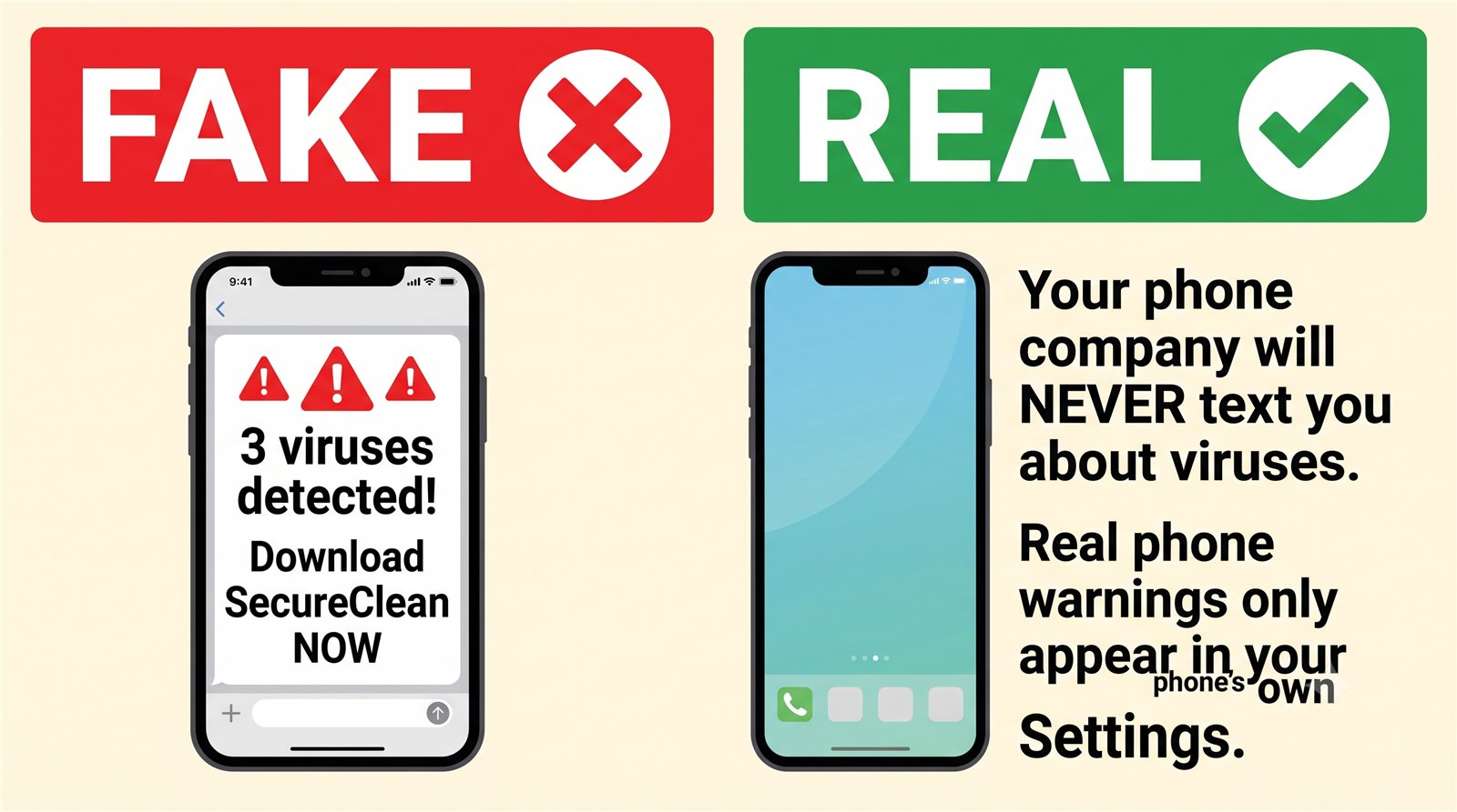Side-by-side comparison: a fake virus alert text versus the truth — real phone warnings only appear in your phone settings