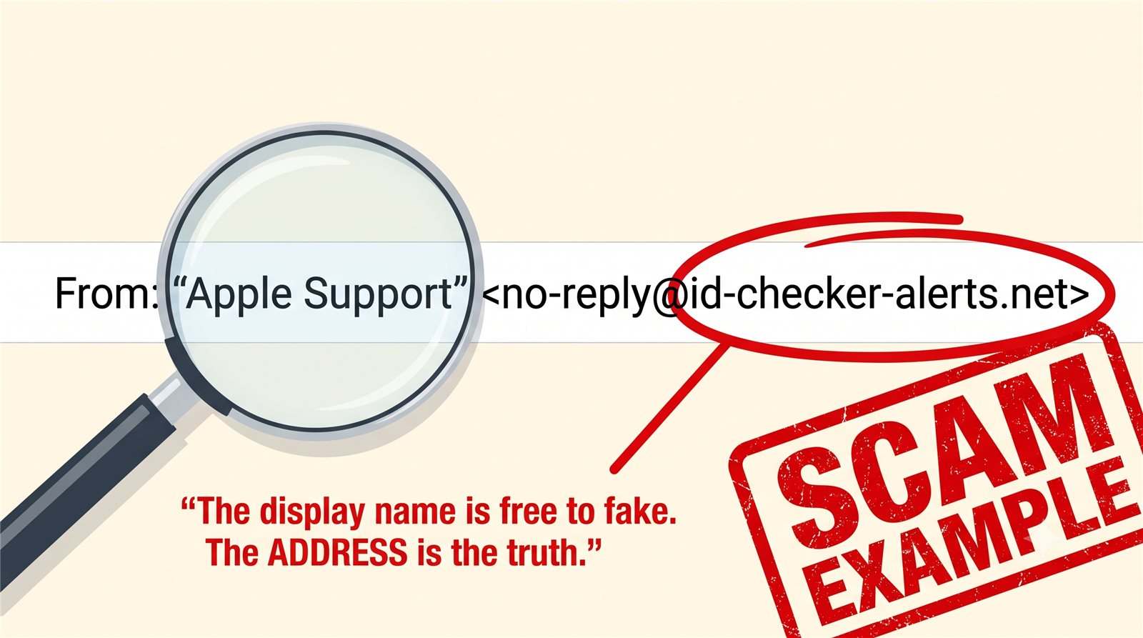 Magnifying glass over an email sender line showing a fake address — the display name says Apple Support but the address is not apple.com