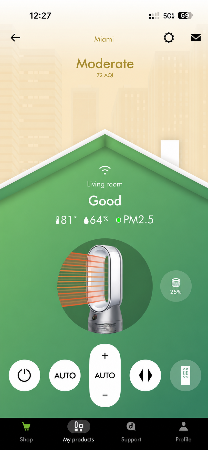 The MyDyson app home screen showing outdoor air for Miami rated Moderate at 72 AQI, and indoor living-room air rated Good at 81 degrees and 64 percent humidity with normal PM2.5 particle levels.