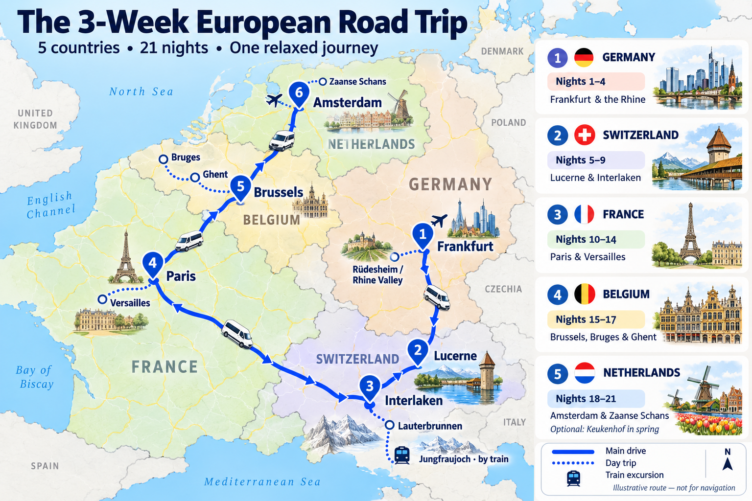Map of a 21-night European road trip from Frankfurt through Lucerne, Interlaken, Paris, and Brussels to Amsterdam, with van icons, numbered stops, and day-trip routes.
