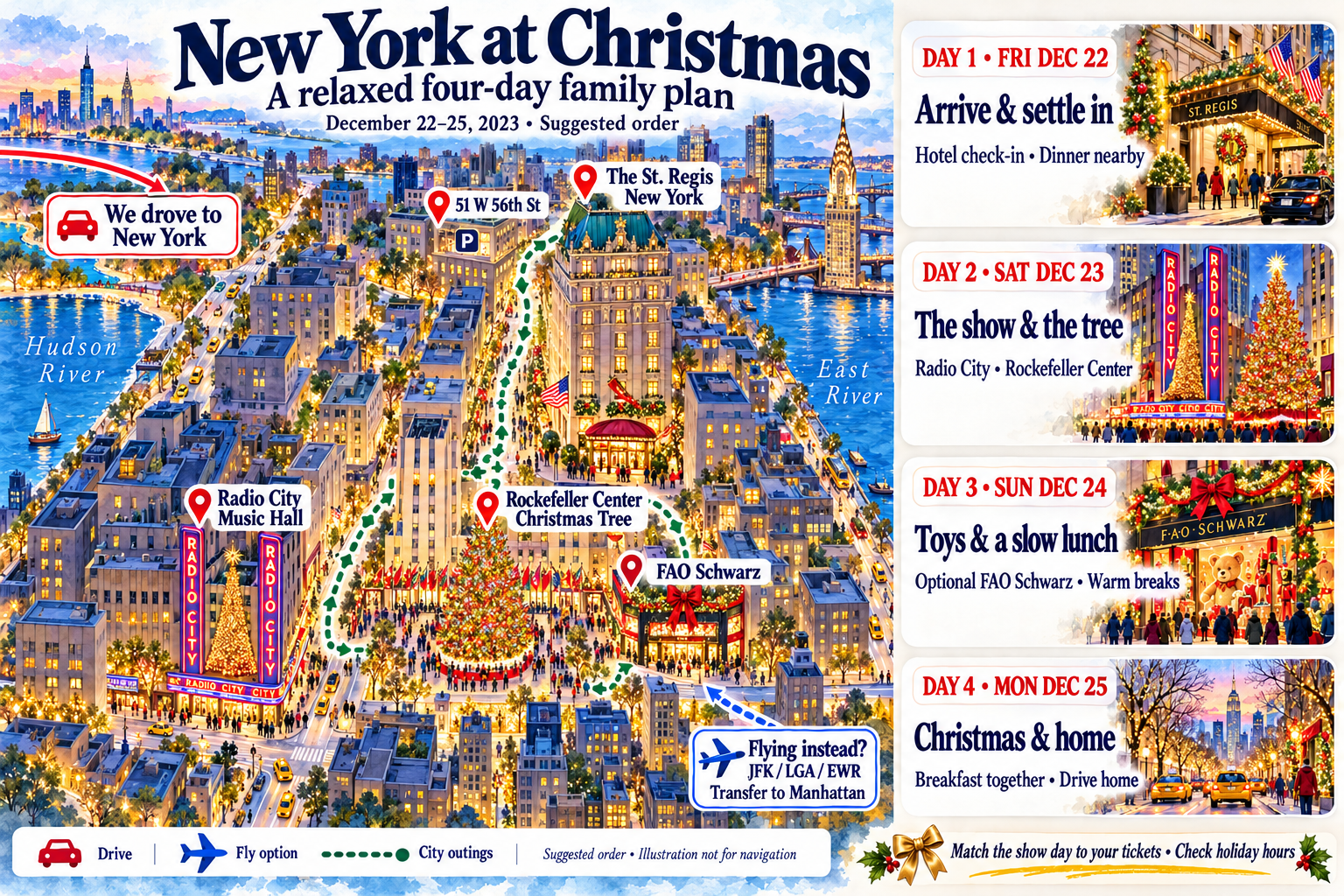 Watercolor illustration of a suggested December 22–25, 2023 Christmas trip: arrive and settle in; Radio City Music Hall and the Rockefeller Center tree; optional FAO Schwarz and warm breaks; Christmas breakfast and the drive home. The map marks the garage at 51 West 56th Street and The St. Regis New York. A separate airplane callout lists JFK, LaGuardia and Newark as alternatives. The drawing is not for navigation.