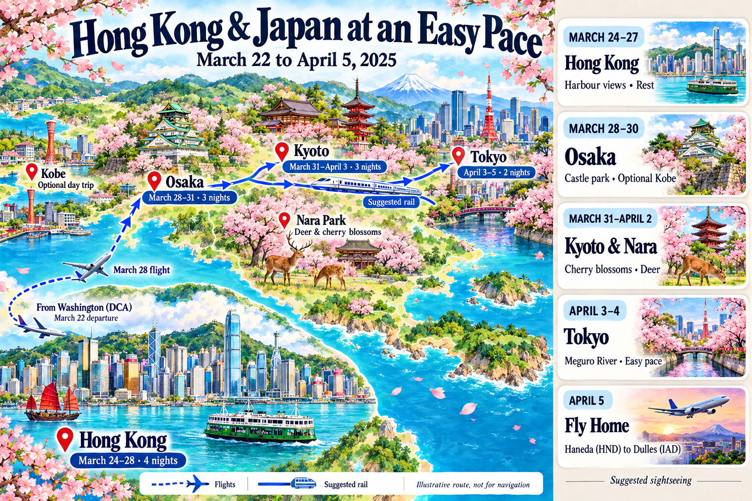 Illustrated map of the March 22 to April 5, 2025 Hong Kong and Japan trip. Depart Washington National, stay four nights in Hong Kong, fly to Osaka for three nights, then stay three nights in Kyoto and two in Tokyo before returning from Haneda to Washington Dulles. Suggested rail links connect the Japanese cities. Nara is a side trip and Kobe is optional. Flight connections are omitted. Date cards show suggested sightseeing.