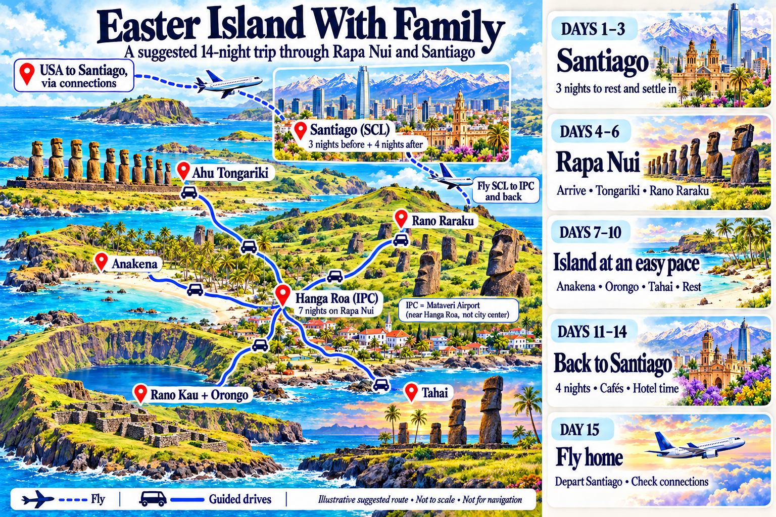 Illustrated itinerary showing flights from the United States to Santiago for three nights, then to Rapa Nui for seven nights, back to Santiago for four nights, and home on day fifteen. Scenic views show moai, Anakena, Rano Kau and Orongo, Tahai and Hanga Roa, linked by guided drives. The daily schedule follows in text.