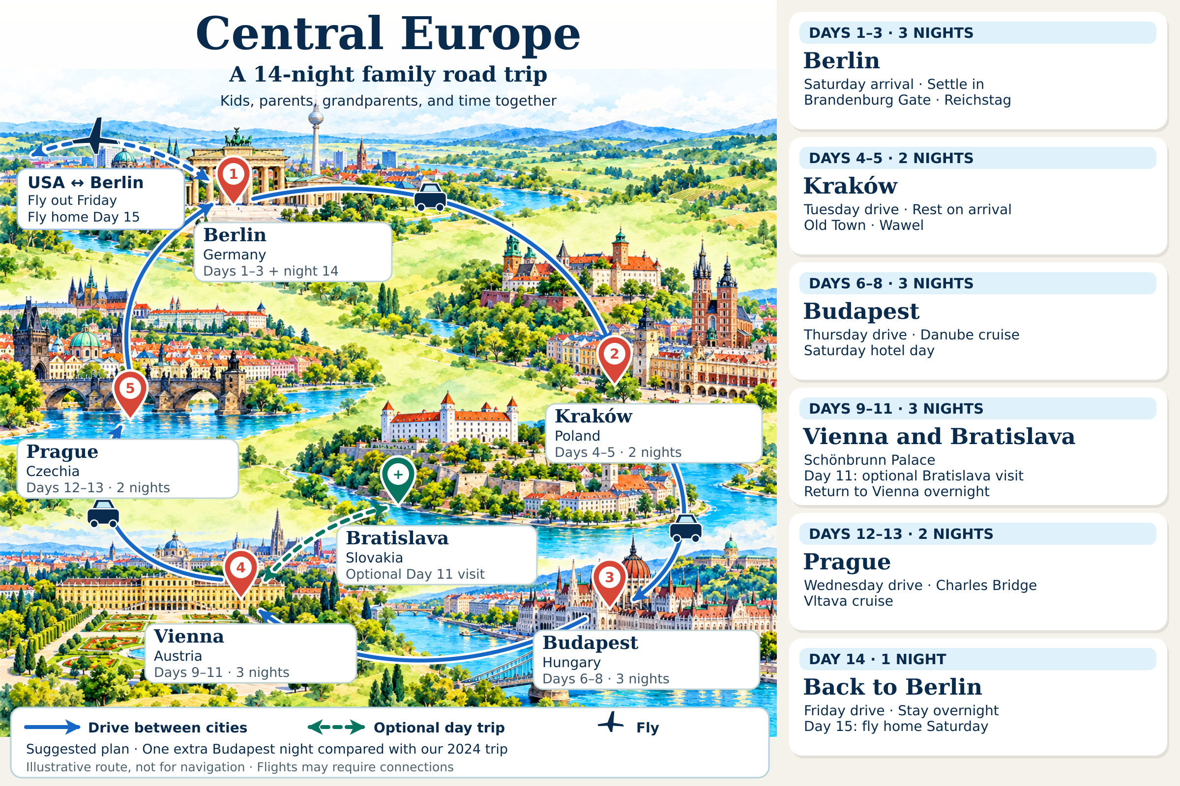 Watercolor-style illustration of the suggested 14-night loop with numbered city pins and six itinerary cards. Fly from the USA on Friday, arrive in Berlin on Saturday and stay three nights. Drive to Kraków for two nights, Budapest for three, Vienna for three with an optional return day trip to Bratislava, Prague for two, and Berlin for one. Fly home on Day 15, Saturday. Solid blue arrows show intercity drives, green dashed arrows show the Bratislava visit, and the airplane shows flights. This is an illustrative route, not a navigation map.